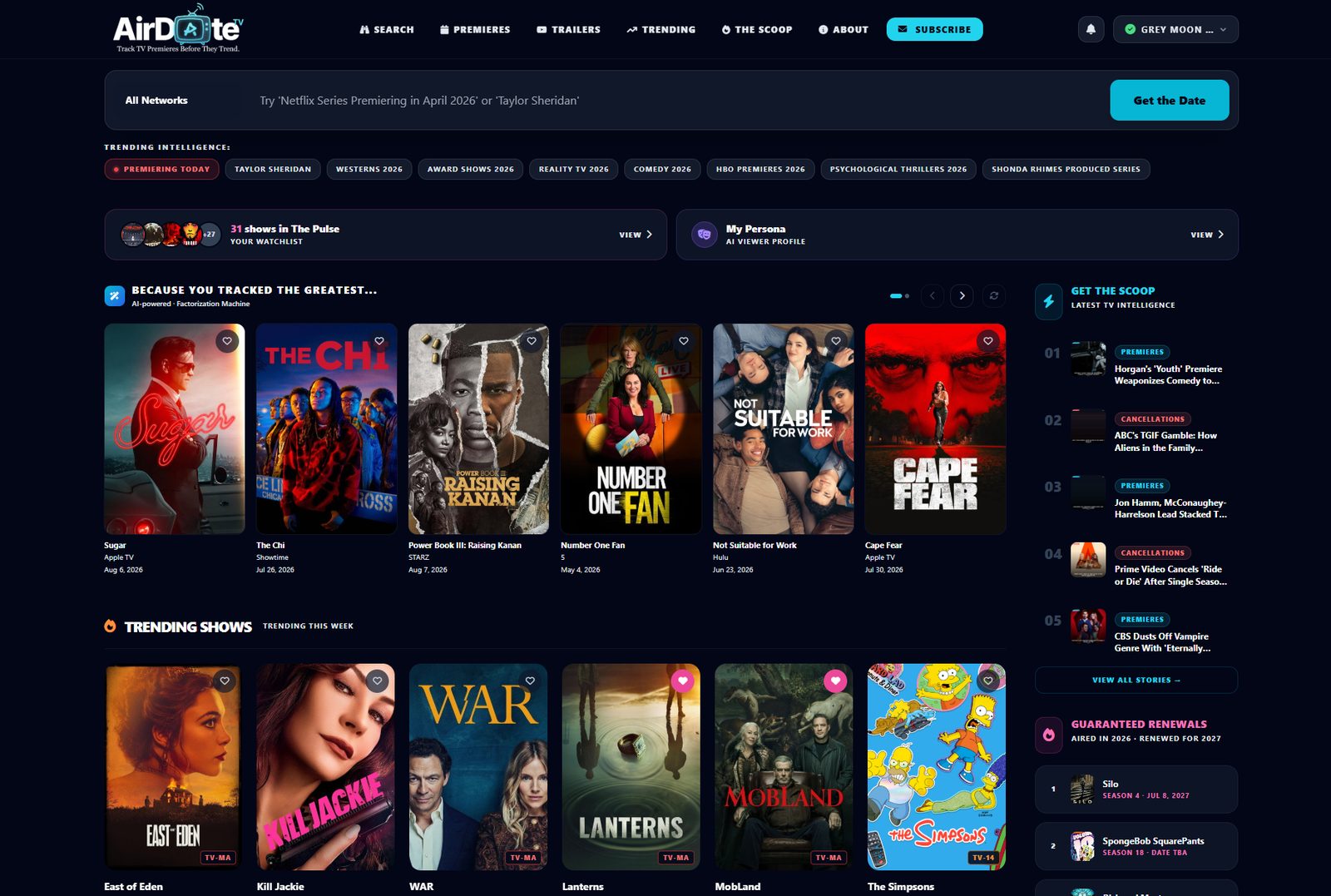 AirDate.TV home page showing natural-language search, personalized show recommendations, trending shows, The Scoop news feed and a Guaranteed Renewals list