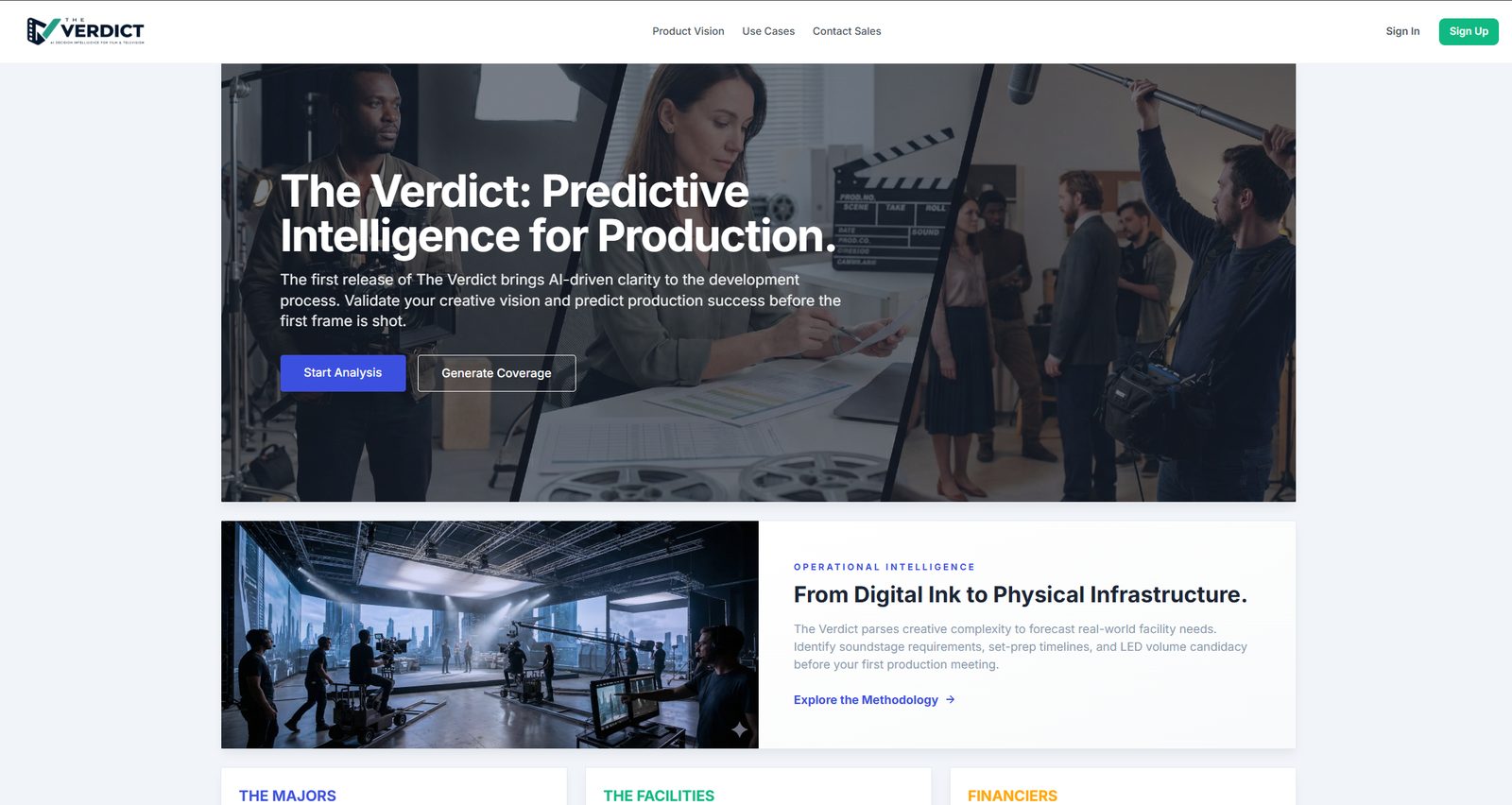 The Verdict home page: Predictive Intelligence for Production, with Start Analysis and Generate Coverage actions